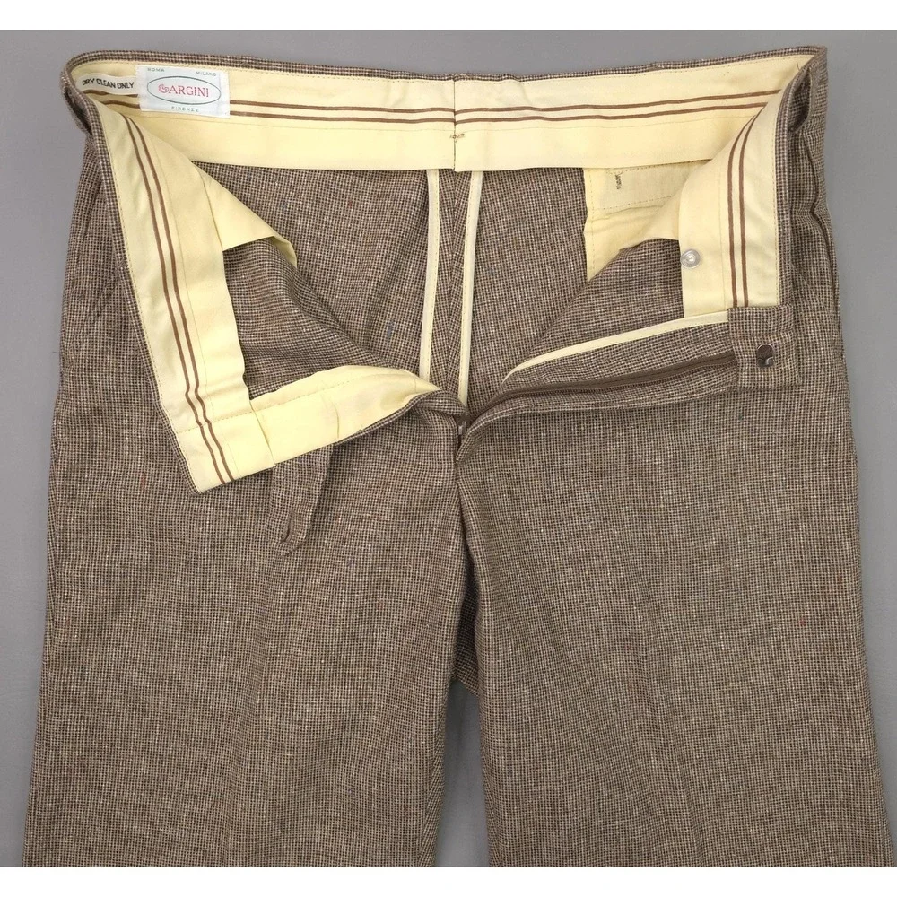 Gargini Pants Mens 36x30 Brown Flecked Wool Tweed Check Pleated Dress Trousers